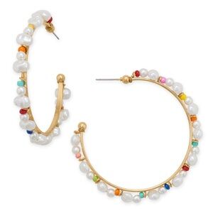 NEW Gold Tone Rainbow Seed Bead and Imitation Pearl 3/4 Fashion Hoop Earrings